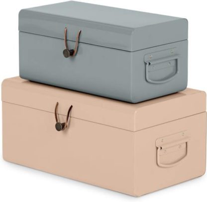 bc948e42db66a1780f4542f9aa0165e3217ba697b9b5cb1bde61d23be485eaef.jpg An Image of Daven Small Set of 2 Metal Storage Trunks, Pink and Grey