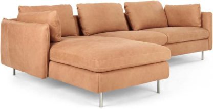 An Image of Vento 3 Seater Left Hand Facing Chaise End Corner Sofa, Tan Leather
