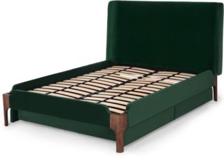 An Image of Roscoe King Size Storage Bed with Storage Drawers, Pine Green Velvet & Dark Stain Oak legs