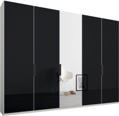 An Image of Caren 5 door 250cm Hinged Wardrobe, White Frame, Basalt Grey Glass & Mirror Doors, Standard Interior