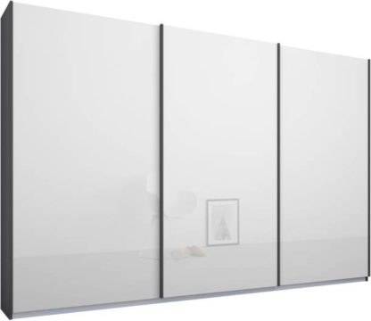 An Image of Malix 3 door 270cm Sliding Wardrobe, Graphite Grey frame,White Glass doors , Premium Interior