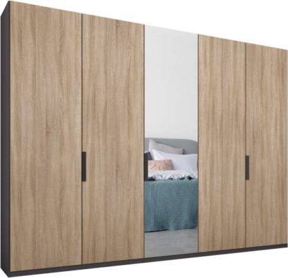 An Image of Caren 5 door 250cm Hinged Wardrobe, Graphite Grey Frame, Oak & Mirror Doors, Standard Interior