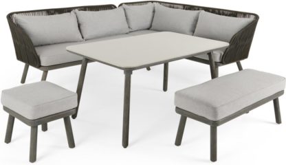 An Image of Alif Garden Corner Dining Set, Concrete Grey and Grey Eucalyptus