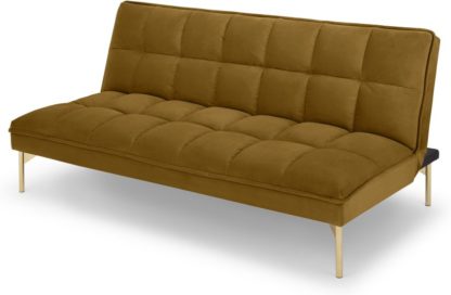 An Image of Hallie Click Clack Sofa Bed, Saffron Yellow Velvet with Brass Legs