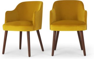 An Image of Set of 2 Swinton Carver Dining Chairs, Saffron Yellow Velvet & Dark Stain