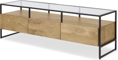 An Image of Kilby Wide TV Stand, Light Mango Wood and Glass