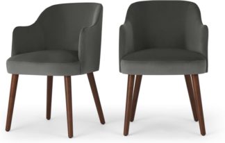 An Image of Set of 2 Swinton Carver Dining Chairs, Steel Grey Velvet & Dark Stain