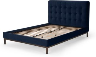 An Image of Lavelle Double Bed, Ink Blue Velvet & Walnut Stain Legs