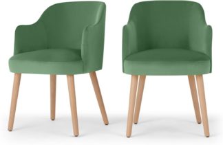 An Image of Set of 2 Swinton Carver Dining Chairs, Lounge Green Velvet & Oak Stain