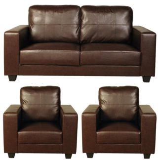 An Image of Okul Faux Leather 3 Seater Sofa And 2 Armchairs Suite In Brown