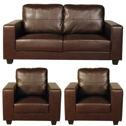 0030cbb6b7dfc11567b1591f8a68e773d40c04abdd2e220014c04df29c31101e.jpg An Image of Okul Faux Leather 3 Seater Sofa And 2 Armchairs Suite In Brown