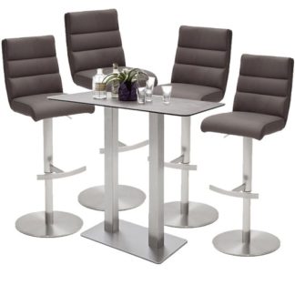 An Image of Soho Glass Bar Table With 4 Hiulia Brown Leather Stools