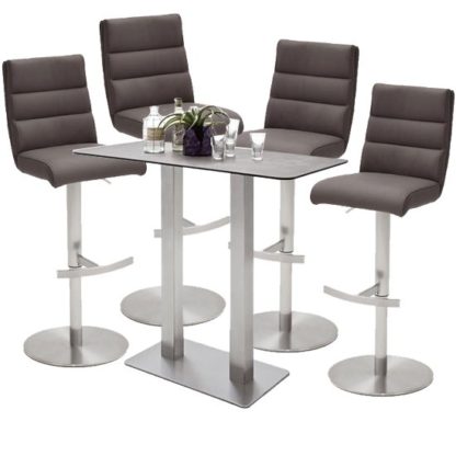 01c09f4b2e531819a739c1cf9724d81aca96f2da8f41dba97bc48e877c24e06e.jpg An Image of Soho Glass Bar Table With 4 Hiulia Brown Leather Stools