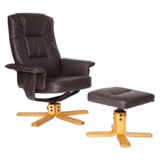 An Image of Canzone Recliner Chair In Brown Faux Leather With Footstool