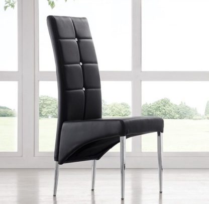 02676554be2477f72737648e5a510f5d4592e9fe9a40d45370200605e6d3c4d7.jpg An Image of Vesta Studded Faux Leather Dining Room Chair in Black