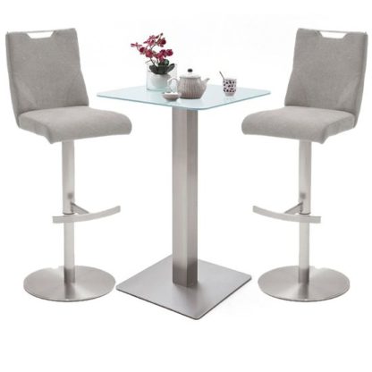An Image of Soho White Glass Bar Table With 2 Jiulia Ice Grey Fabric Stools