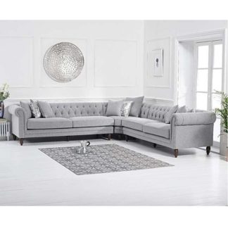 An Image of Bodgers Chesterfield Corner Sofa In Linen Grey With Wood Feet