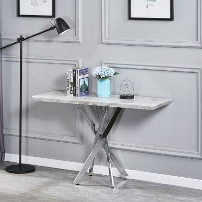 An Image of Deltino Grey Marble Effect Console Table With Chrome Legs