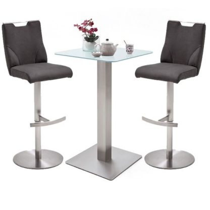 An Image of Soho White Glass Bar Table With 2 Jiulia Anthracite Stools