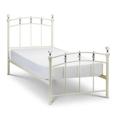 An Image of Sophie Metal Single Bed In Stone White With Crystal Finials