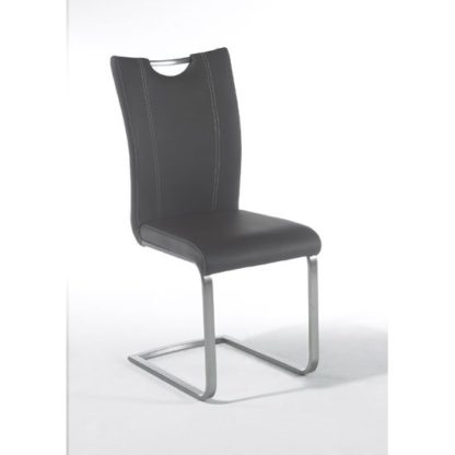 An Image of Pavo Swinging Grey Faux Leather Dining Chair With Handle Hole