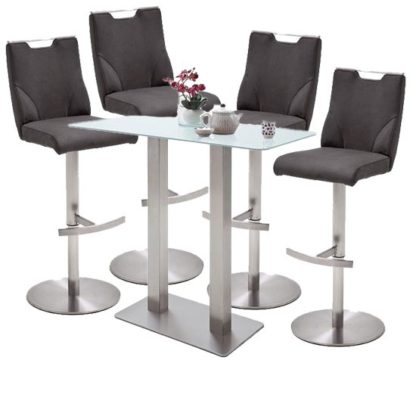 063c86313383c295ec9c31833f8d6517ddd9d9b409cd8fba7998427b5dafd931.jpg An Image of Soho White Glass Bar Table With 4 Jiulia Anthracite Stools