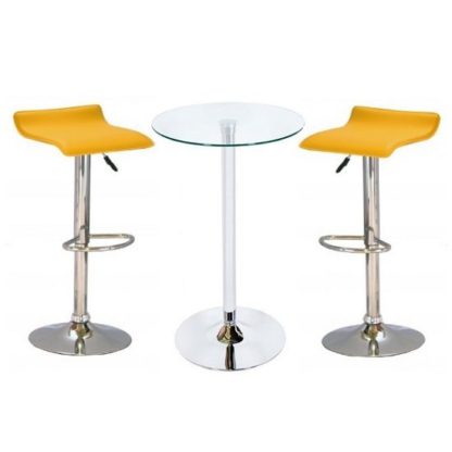 An Image of Bente Glass Bar Table With 2 Stratos Yellow Bar Stools