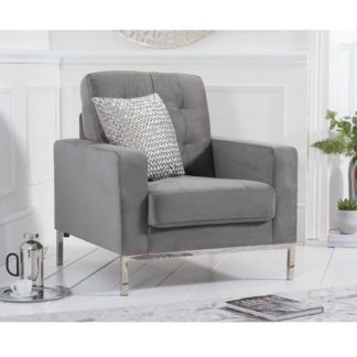 An Image of Swiger High Back Velvet Armchair In Grey With Metal Legs