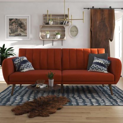 07dbdc7c535892354632027efc4a440c212224e1fa68c4afeebad93b85f9a481.jpg An Image of Brittany Linen Sofa Bed In Orange With Wooden Legs