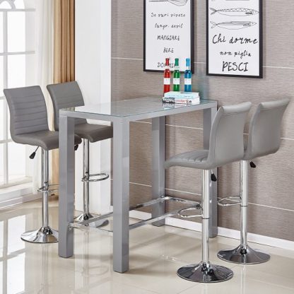 08261b3bd284f4c122d0bcbab6d5df34f7b574033fbddfdd2e76c4d2b28d10a1.jpg An Image of Jam Glass Bar Table Set Rectangular Grey Gloss 4 Ripple Stools