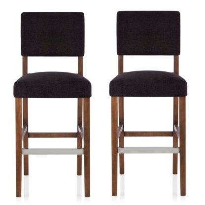 08580a042146a14d0624a9fd8528b7ac3fa049865ba7d185398d5704f2fc98a7.jpg An Image of Vibio Bar Stools In Aubergine Fabric With Walnut Legs In A Pair