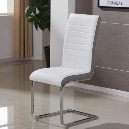 0898962582dad923aa91dd34f417e2c5f077d7357a0578e14027fb84f93003b6.jpg An Image of Symphony Dining Chair In White And Grey PU With Chrome Base
