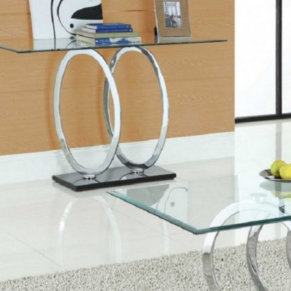 An Image of Olympus Clear Glass Console Table With Black Gloss Base