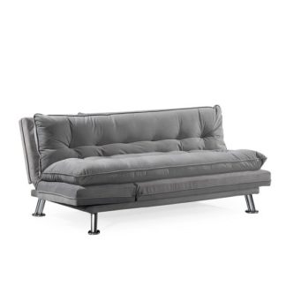 An Image of Cardiff Fabric Sofa Bed In Grey Velvet And Polished Chrome Legs