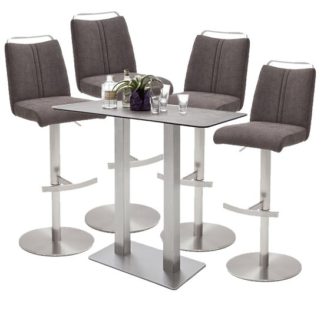 An Image of Soho Glass Bar Table With 4 Giulia Brown Fabric Stools