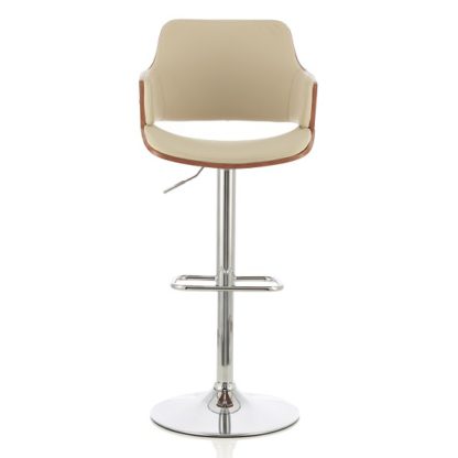 An Image of Finnley Bar Stool In Walnut And Cream PU With Chrome Base