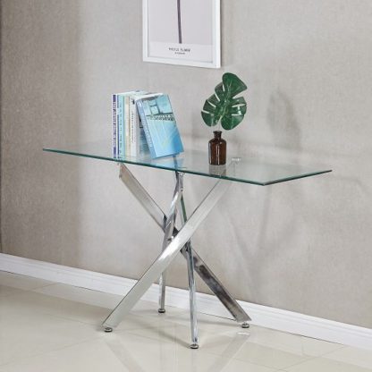 0c2a6f51fb6cbde256d4f21ee1ccc0f8eddc547e94a38d5141748804f69a7a95.jpg An Image of Daytona Glass Console Table Rectangular In Clear And Chrome Legs