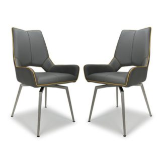 An Image of Mako Swivel Leather Effect Graphite Grey Dining Chairs In Pair