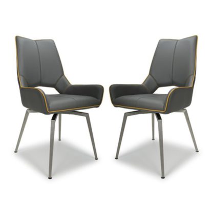 An Image of Mako Swivel Leather Effect Graphite Grey Dining Chairs In Pair