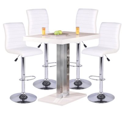 An Image of Palzo Bar Table In High Gloss With 4 Ripple White Stools