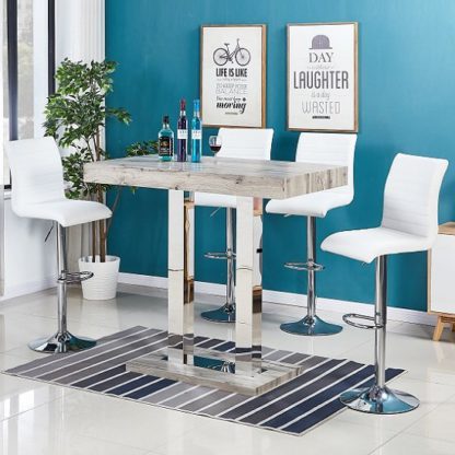 0ea0aa9bf24b08b9cc80c64fbd5e63e60c9982aadaa83a98a65c9e84d625f322.jpg An Image of Caprice Bar Table In Grey Oak Effect And 4 Ripple White Stools