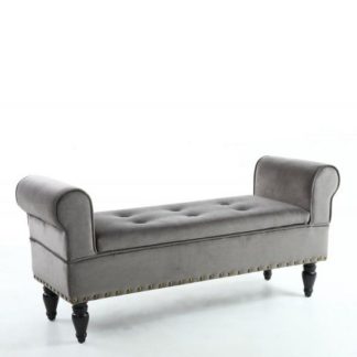 An Image of Royce Ottoman Storage Chaise In Grey Velvet With Wooden Legs