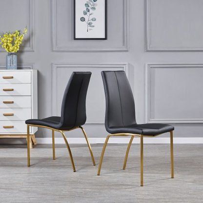 An Image of Opal Dining Chair In Black Faux Leather With Brushed Gold Base