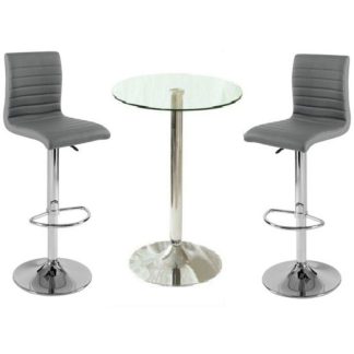 An Image of Gino Clear Glass Bar Table And 2 Ripple Charcoal Grey Bar Stools