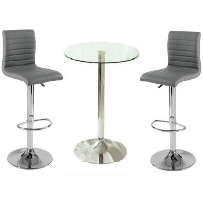0f9a744f473515686b1454bd3999ad63b1e19f5d215db5de0503c2edfaec3f53.jpg An Image of Gino Clear Glass Bar Table And 2 Ripple Charcoal Grey Bar Stools
