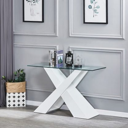 An Image of Gabriella Clear Glass Console Table With White Gloss Base