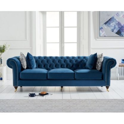 An Image of Holbrook Chesterfield 3 Seater Sofa In Blue Velvet