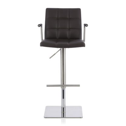 0fd5280393a843f8b8e8b4c6042eb7ee9ba5332dbf92b85122768a016157de81.jpg An Image of Deloris Bar Stool In Brown Faux Leather And Stainless Steel Base