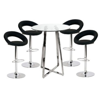 An Image of Poseur Glass Top Bar Table with 4 Leoni Black Bar Stools