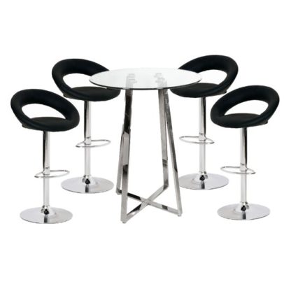 100f1bd711cd2a738aa6781524ffb8e2fc6e63b37bf78dcac3af429b44a3b9c8.jpg An Image of Poseur Glass Top Bar Table with 4 Leoni Black Bar Stools